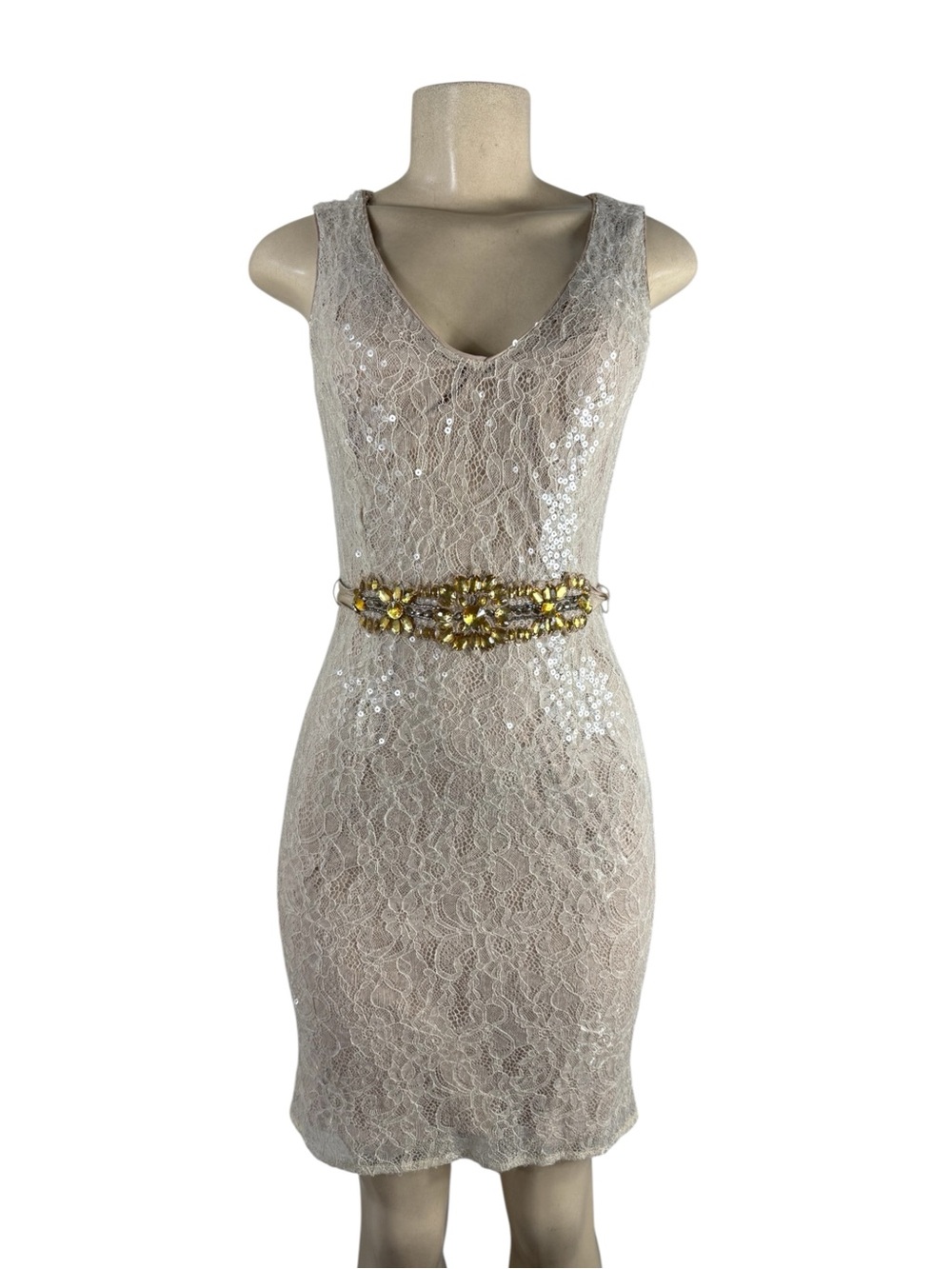 BADGLEY MISCHKA Sleeveless Beige Lace Sequin Dress Size US10 - Picture 3 of 7